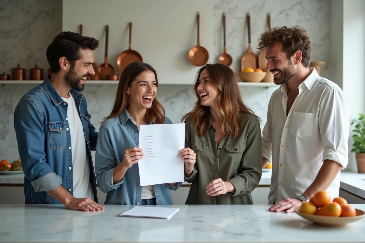 Groupe d'amis jouant au quiz Les Zamours pour mariage dans une cuisine conviviale
