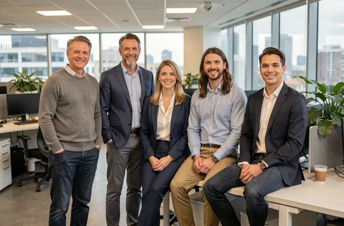Groupe de collègues posant pour un trombinoscope professionnel dans un open space moderne