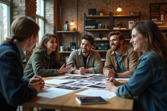Groupe d'étudiants en cinéma discutant autour d'une table