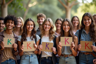 Groupe de jeunes avec cartes noms débutant par K