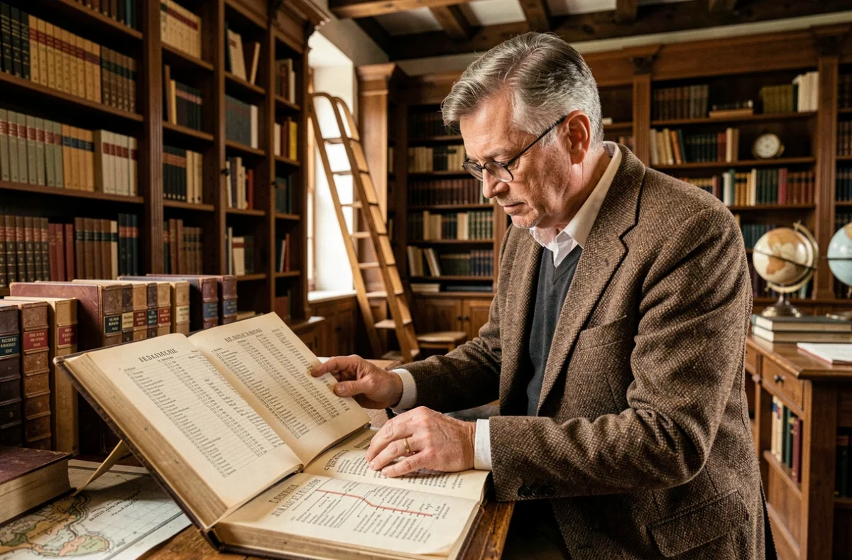 Historien consultant un livre de généalogie royale française dans une bibliothèque ancienne, évoquant la chronologie de Louis XIII