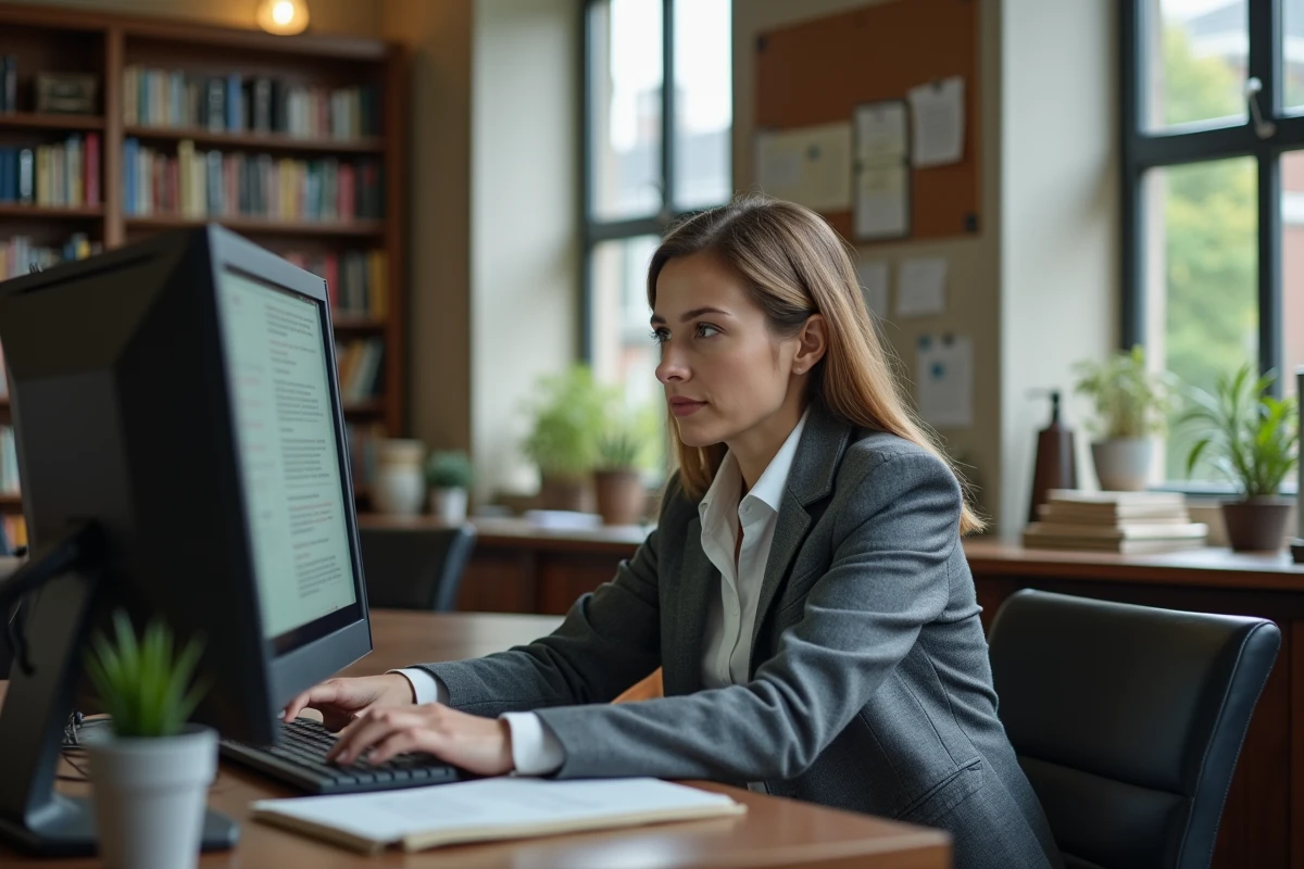 Historienne consultant une base de données d'archives publiques numérisées dans une bibliothèque universitaire