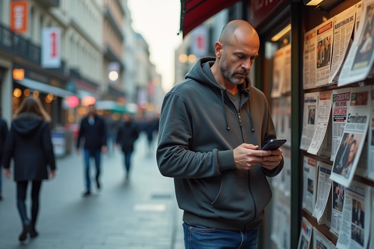 Homme regardant les titres sur un kiosque à journaux en ville