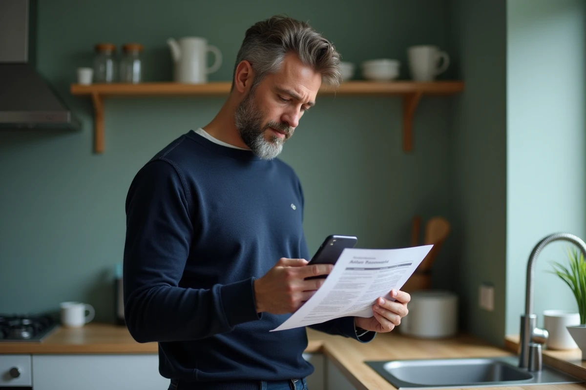 Homme dans sa cuisine consultant un document administratif Pajemploi sur son smartphone pour trouver le numéro de téléphone Urssaf