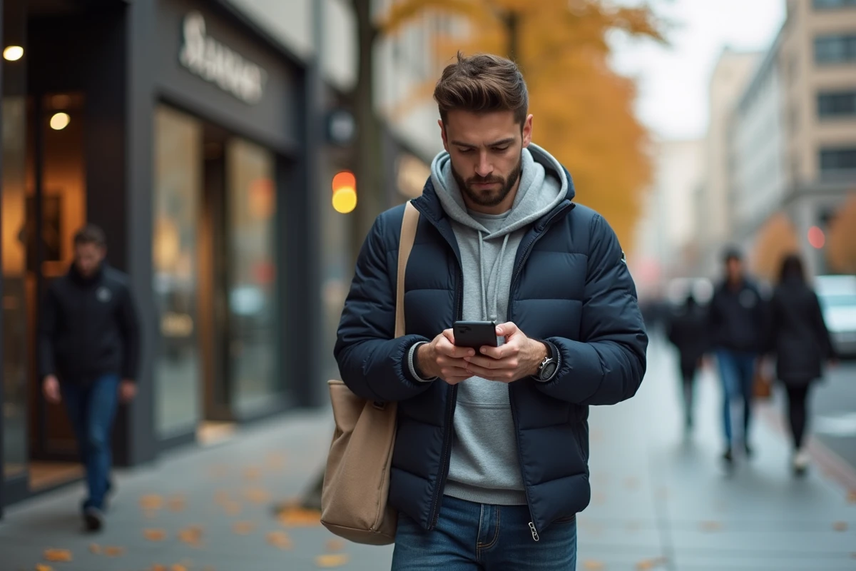 Homme gérant sa liste d'envies sur smartphone dans une rue commerçante en automne