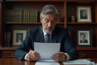Homme d'âge moyen en costume lisant un document juridique
