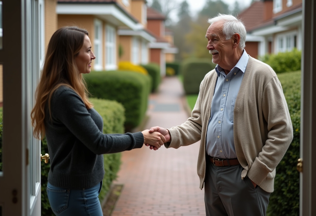 Homme donnant une lettre à sa fille devant la maison