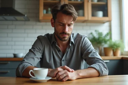 Homme marié pensif regardant son alliance posée sur une table de cuisine, symbolisant le doute conjugal et les failles d'un mariage