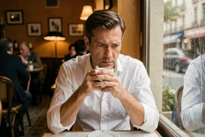 Homme marié pensif dans un café parisien, regard perdu dans le vague, alliance visible, illustrant la culpabilité et le conflit intérieur d'un homme pris entre deux relations