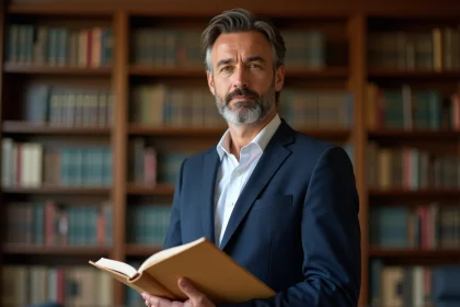 Portrait éditorial d'un homme politique français dans un bureau parisien tenant un livre, évoquant la biographie et l'engagement politique