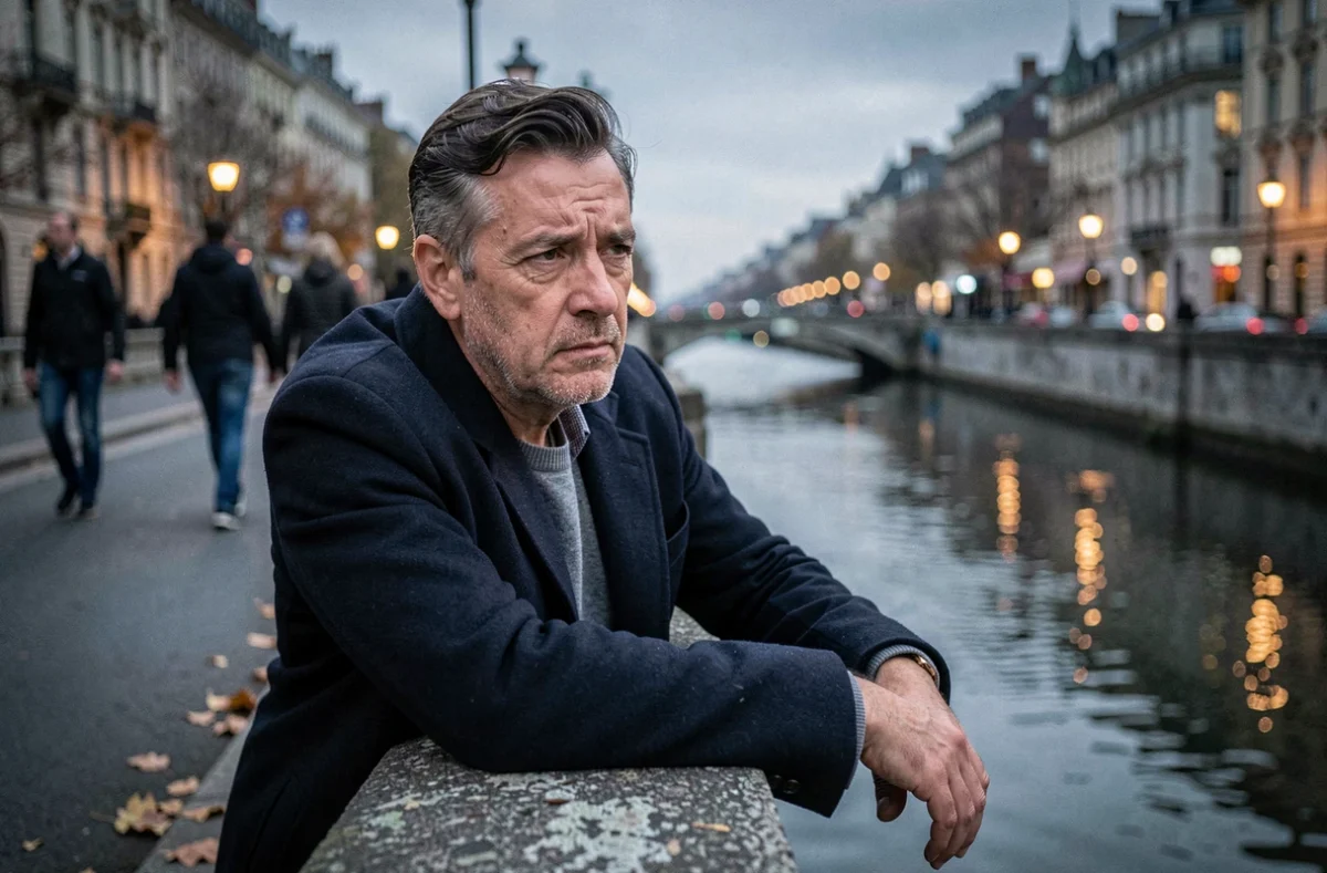 Homme en manteau sombre appuyé sur un pont urbain au crépuscule, regard introspectif sur la rivière, illustrant le tiraillement intérieur entre culpabilité et désir de liberté
