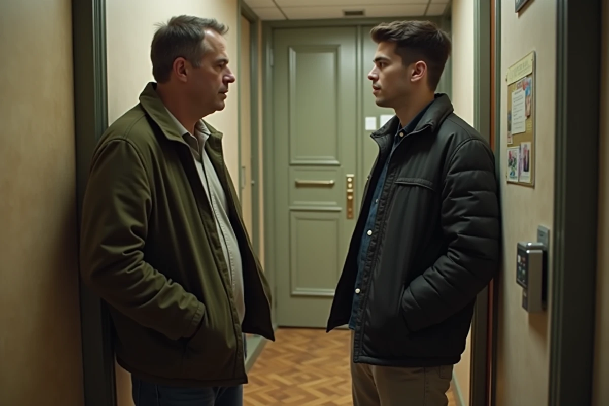 Deux hommes regardant une affiche dans un couloir étroit