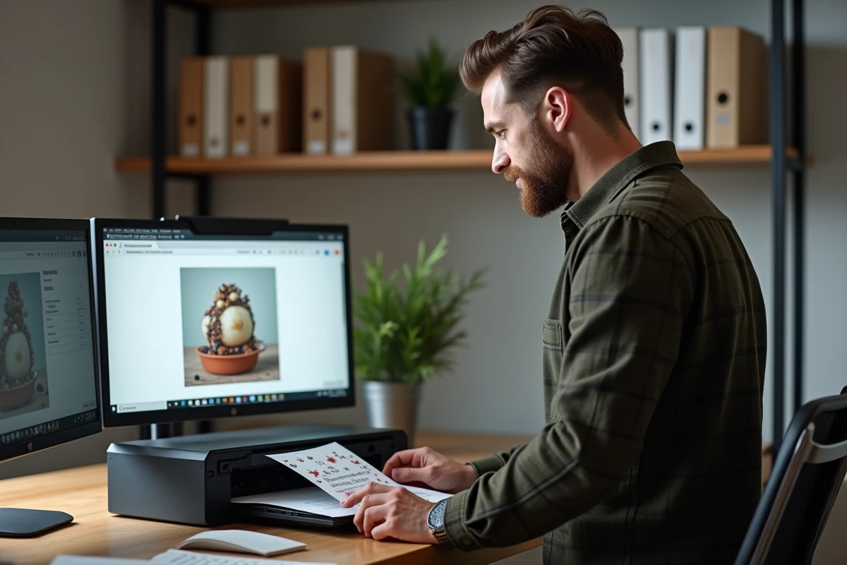 Homme imprimant une carte de Noël unique sur une imprimante à domicile dans un bureau moderne