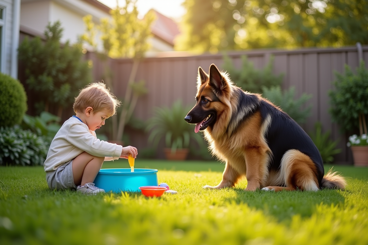 Chien berger allemand dans un jardin sécurisé et verdoyant
