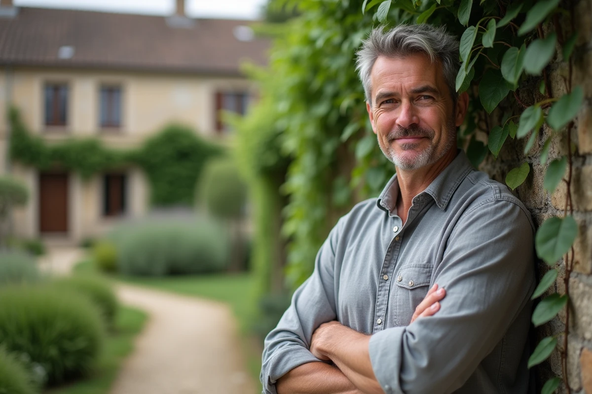 Homme posé devant un mur en pierre de campagne française partageant ses souvenirs sur l'entourage de Jeanne Bournaud
