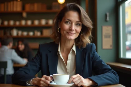 Femme élégante souriante dans un café parisien évoquant des souvenirs personnels sur le mariage de Jeanne Bournaud