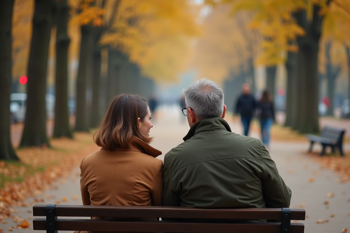 Couple de proches discutant sur un banc de parc parisien en automne dans le cadre d'un témoignage sur le mari de Jeanne Bournaud
