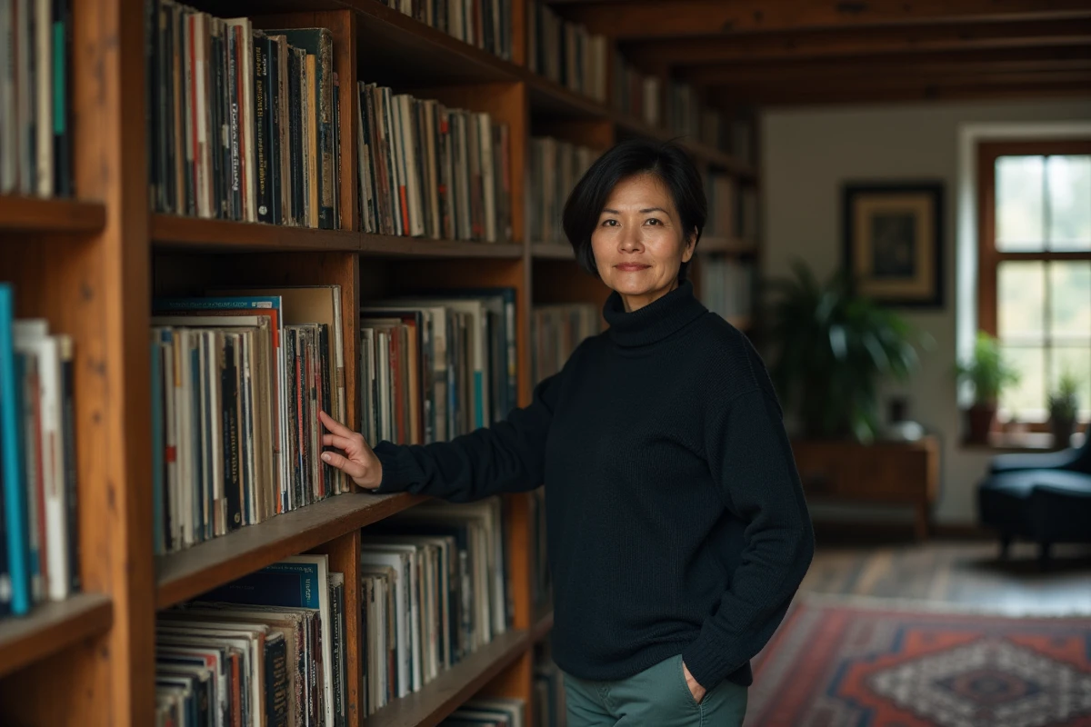Femme musicienne dans sa bibliothèque personnelle entourée de vinyles et de livres, espace privé et intime