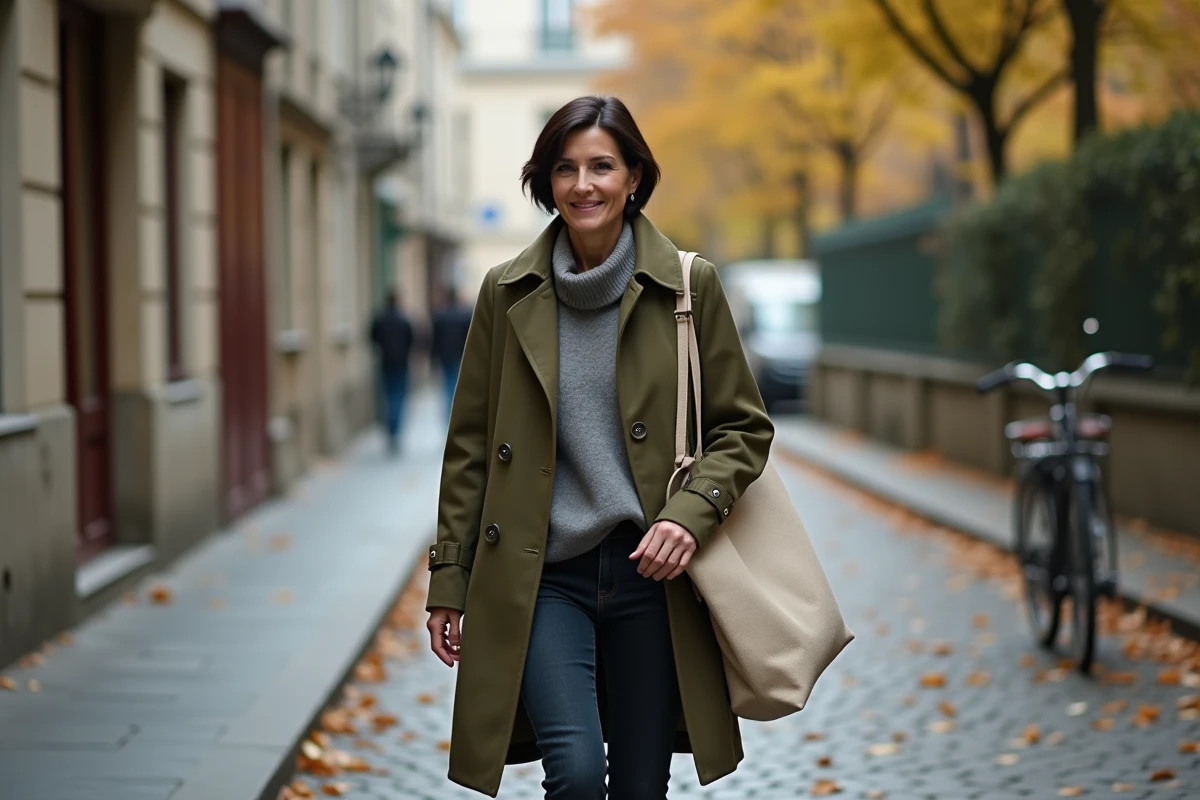 Femme se promenant seule dans une rue pavée parisienne en automne, moment candide de vie quotidienne privée