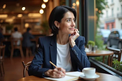 Femme artiste française assise dans un café parisien avec un carnet ouvert, ambiance intimiste et vie privée