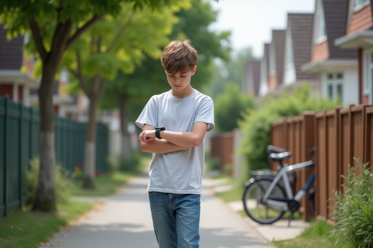 Adolescent vérifiant sa montre sur le trottoir