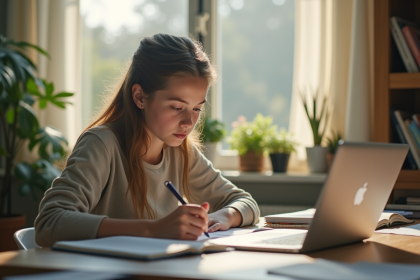 Jeune étudiant concentré à son bureau lumineux