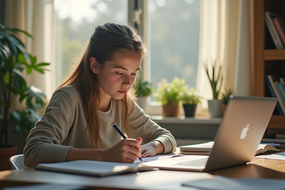 Jeune étudiant concentré à son bureau lumineux