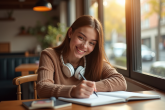 Jeune femme souriante dessinant dans un café lumineux