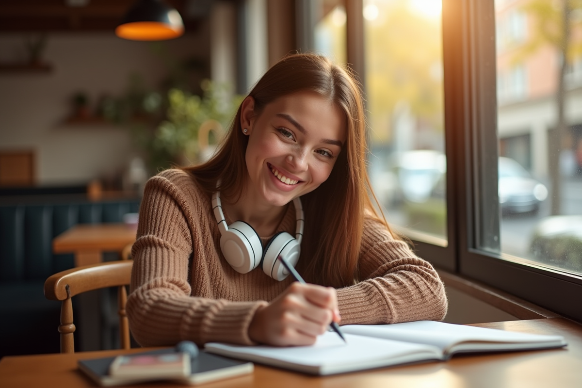 Jeune femme souriante dessinant dans un café lumineux