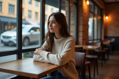 Jeune femme assise au café regardant au loin