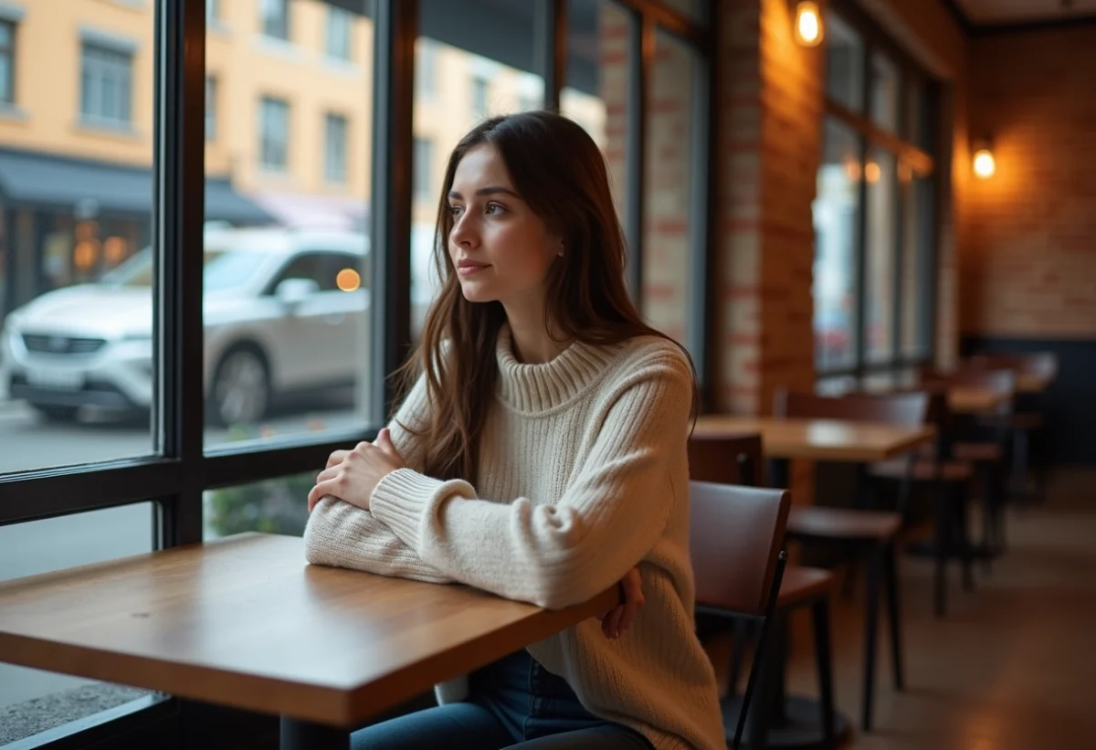 Jeune femme assise au café regardant au loin