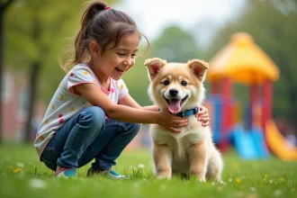 Jeune fille souriante avec un chiot dans un parc urbain