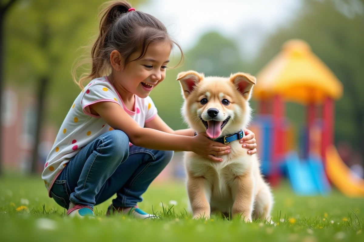 Jeune fille souriante avec un chiot dans un parc urbain