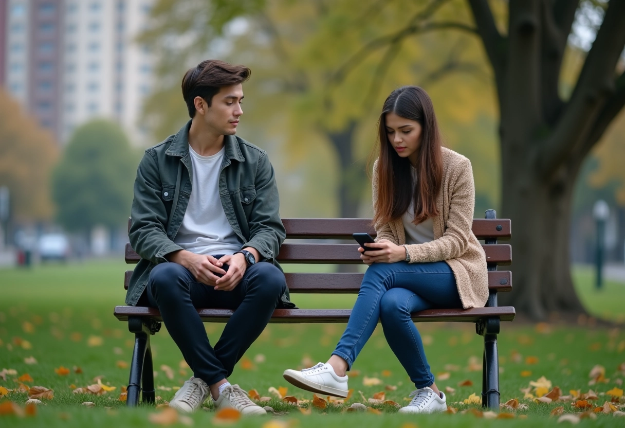 Homme et femme sur un banc de parc évitant le contact