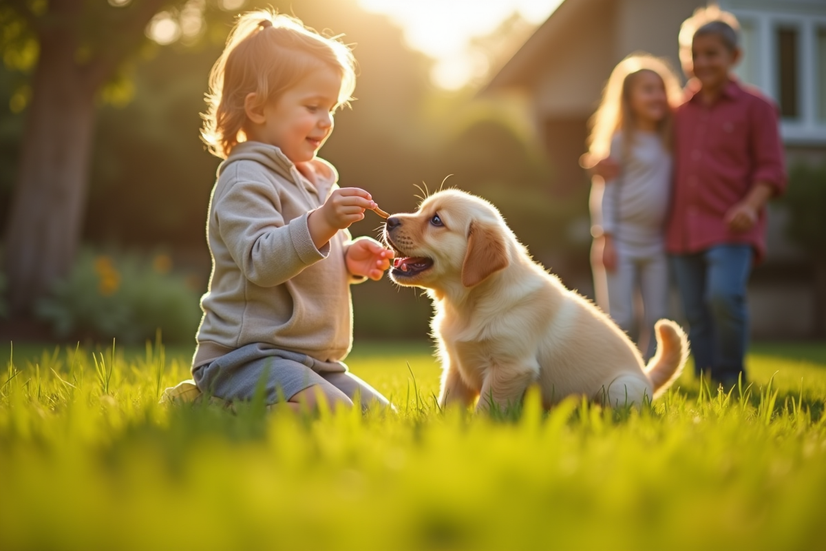 Jeune labrador jouant dans le jardin avec un enfant récompensant