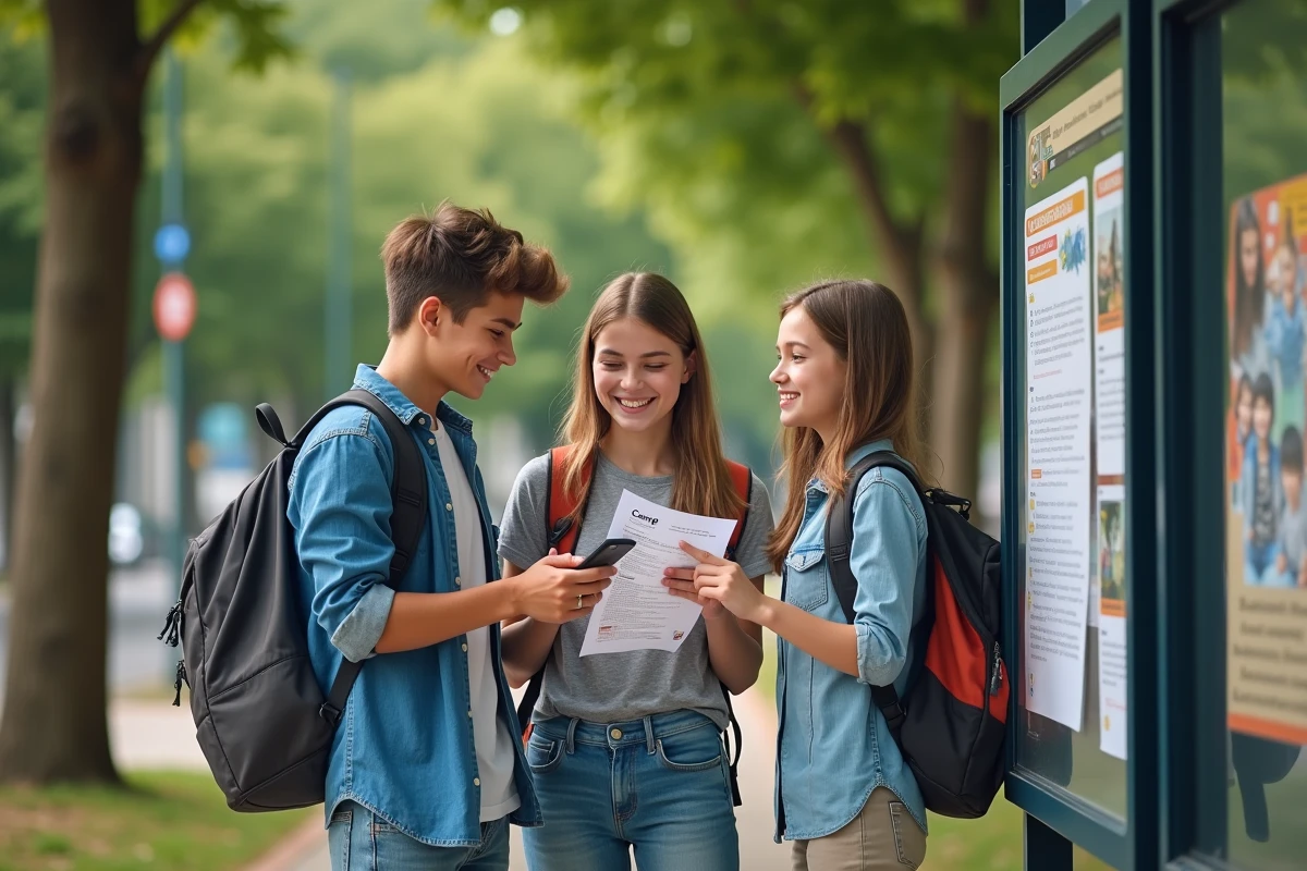 Adolescents au arrêt de bus dans un parc urbain