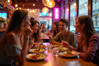 Jeunes branchés partageant des plats colorés dans un restaurant parisien