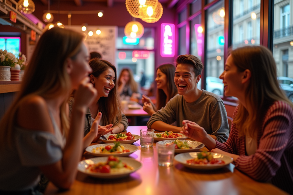 Jeunes branchés partageant des plats colorés dans un restaurant parisien