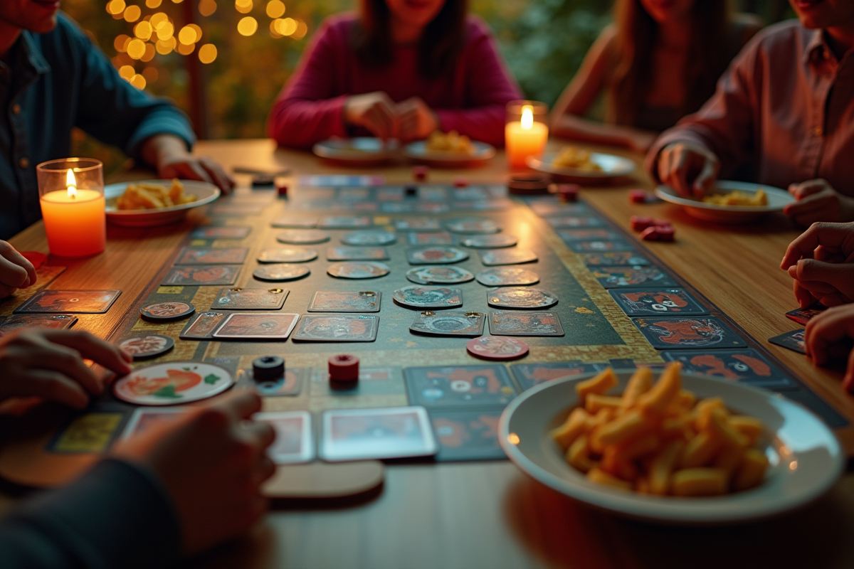 Vue aérienne de cartes et snacks pour une soirée jeux de société