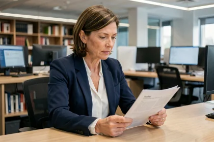 Journaliste professionnelle assise dans une salle de rédaction moderne, consultant des documents imprimés sur un bureau en bois