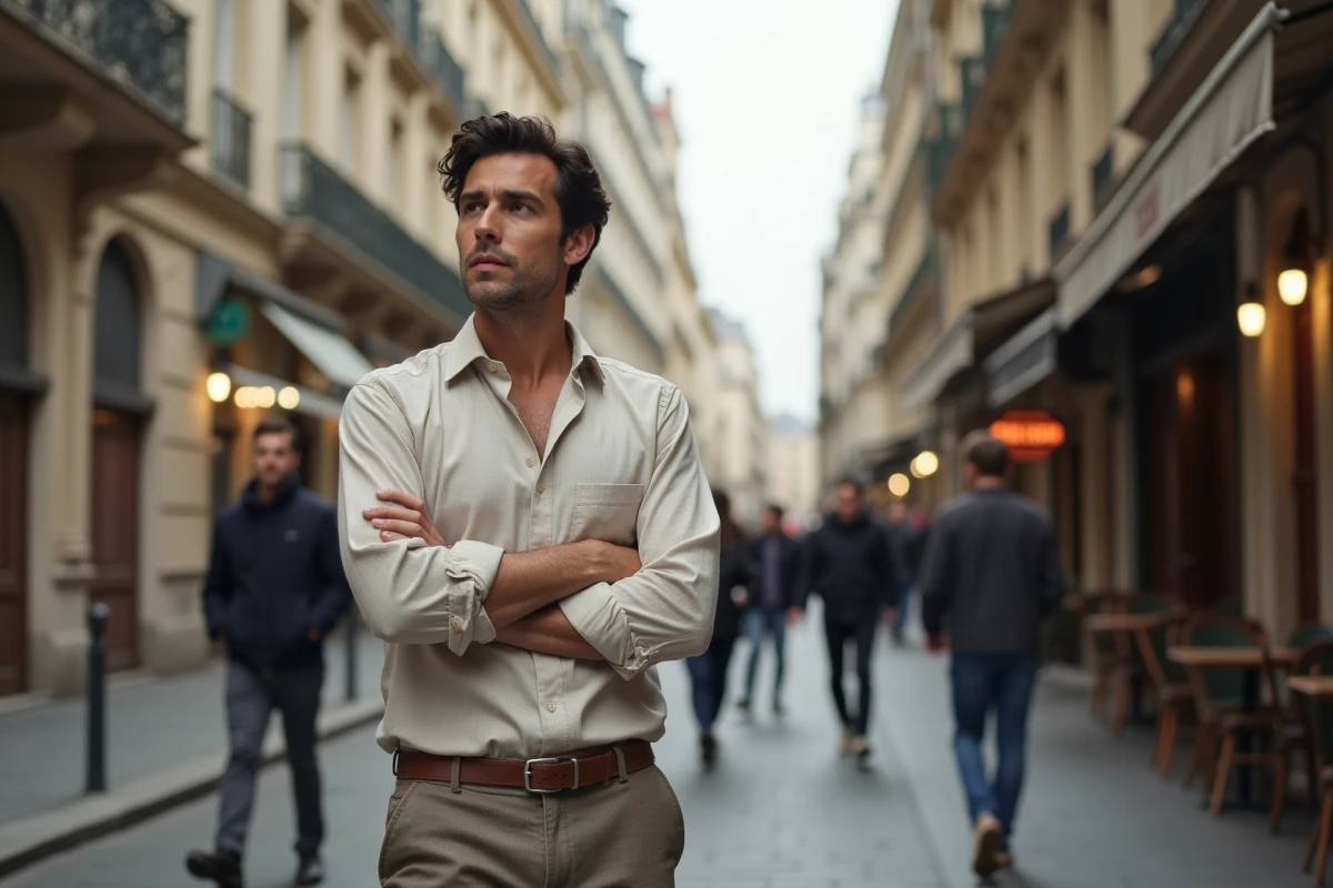 Journaliste en rue parisienne observant la ville