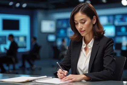 Journaliste professionnelle assise à un bureau de plateau TV dans un studio de télévision moderne