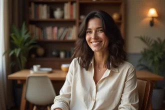 Femme élégante accordant une interview dans un appartement parisien chaleureux, évoquant une conversation intime sur la vie de couple