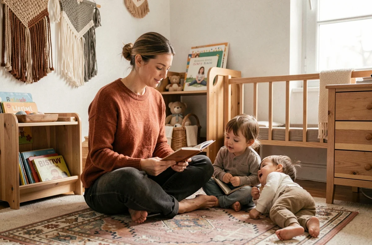 Éducatrice lisant une histoire à deux tout-petits dans l'ambiance chaleureuse et artisanale de la micro-crèche Koraline Bebe à Lyon 3e