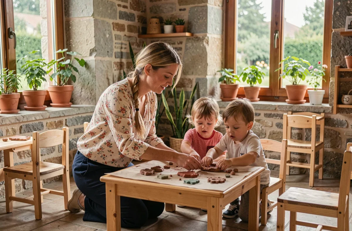 Activité créative avec des matières naturelles dans une micro-crèche du réseau La Maison des Minis en Isère, avec une éducatrice accompagnant les enfants