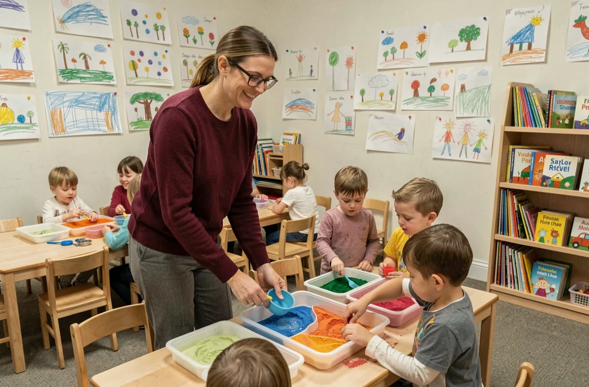 Activité sensorielle en groupe animée par une éducatrice à la crèche associative Léa et Léo Sud-Est La Voie Lactée