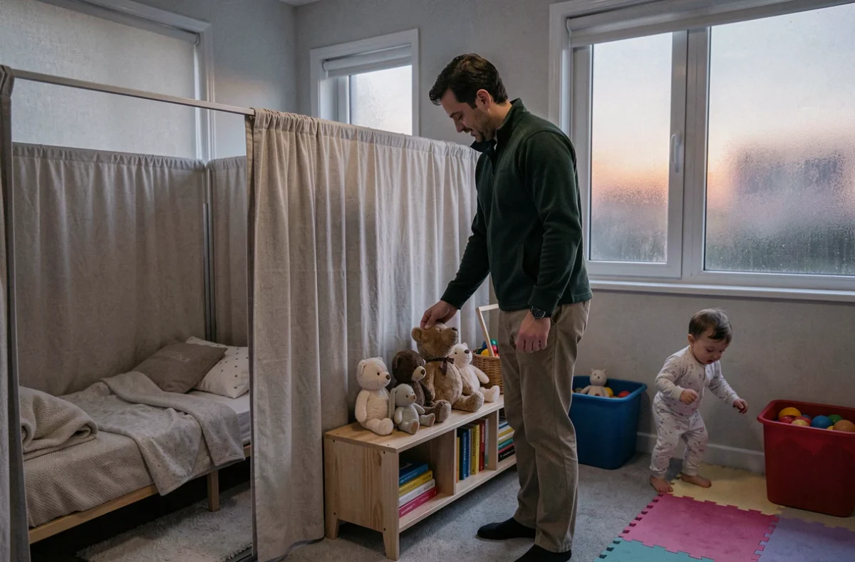 Espace de repos et de jeu adapté aux horaires atypiques dans la micro-crèche Les Marsupiaux à Lyon, avec un éducateur présent tôt le matin
