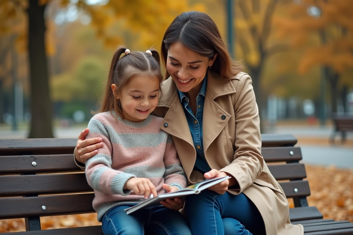 Jeune fille et sa tutrice légale lisant ensemble dans un parc lors d'une visite familiale dans le cadre d'une adoption simple