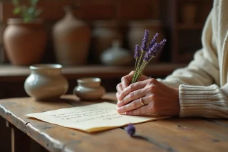 Mains de grand-mère tenant une lettre manuscrite et un bouquet de lavande séchée en hommage poétique