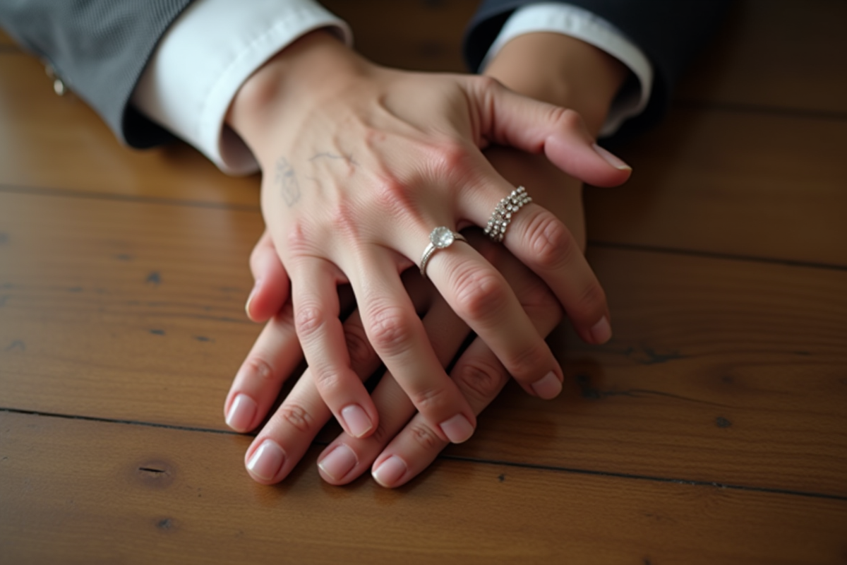 Mains entrelacees de couple marié avec bagues sur table en bois